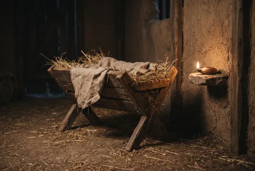 Wooden Manger in Dimly Lit Stable