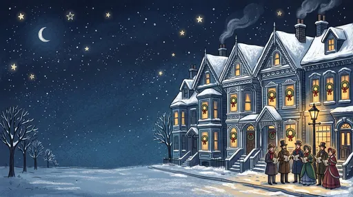 Victorian Christmas Carolers Under Starry Sky