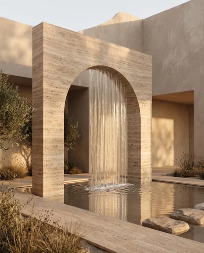 Travertine Arch Waterfall in Courtyard