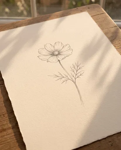 Pencil Sketch of Cosmos Flower on Paper
