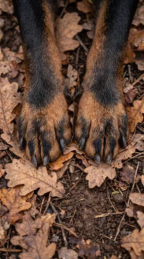 Dog Paws Resting on Autumn Oak Leaves