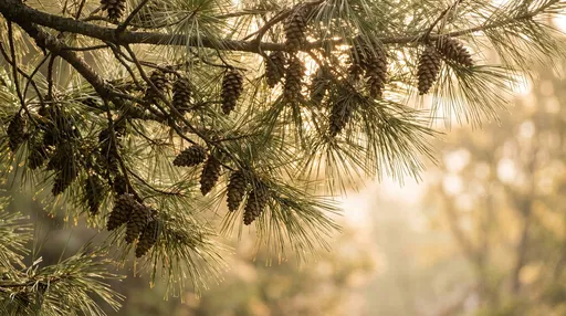 Sunlit Pine Branch with Cones