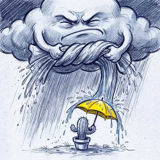 Grumpy Cloud Raining on Cactus With Umbrella
