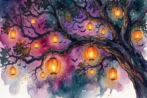 Watercolor Tree With Glowing Lanterns and Bats