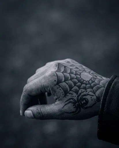 Monochrome Hand with Traditional Spiderweb Tattoo