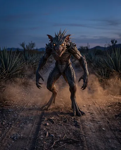 Reptilian Chupacabra Creature on Desert Dirt Road