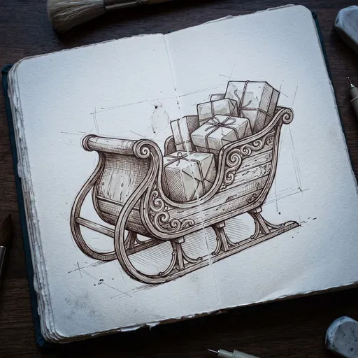Sketchbook Ink Drawing of Vintage Christmas Sleigh