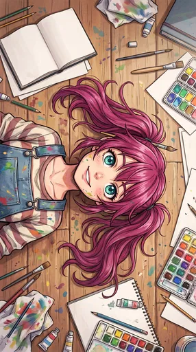 Anime Art Student Surrounded by Paint Supplies