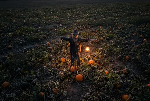 Scarecrow with Lantern in Night Pumpkin Patch