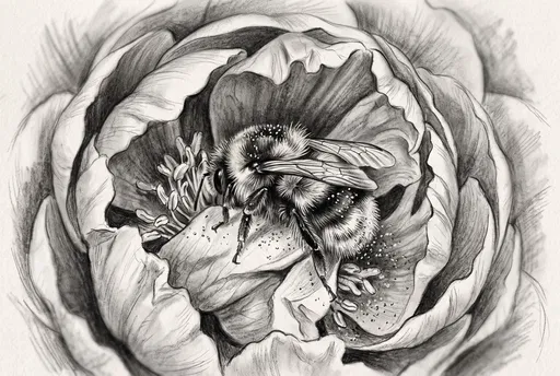 Graphite Drawing of Bumblebee in Peony