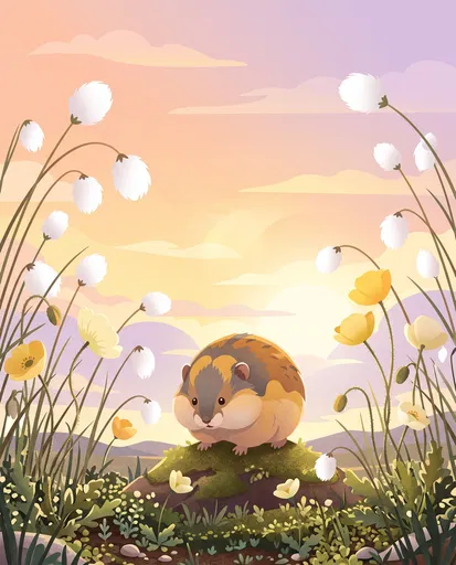 Plump Lemming in Pastel Tundra Sunset