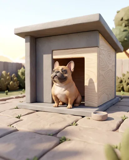 Stylized 3D French Bulldog in Modern Doghouse