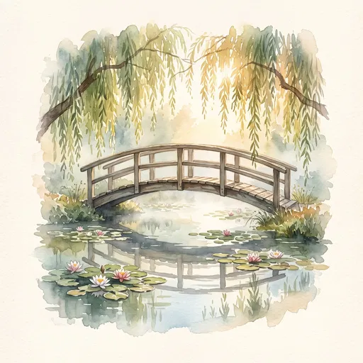 Watercolor Wooden Bridge Over Lily Pond