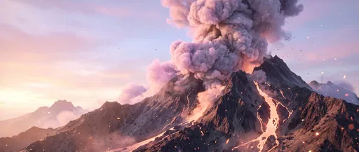 Stylized Erupting Volcano Under Pastel Sky
