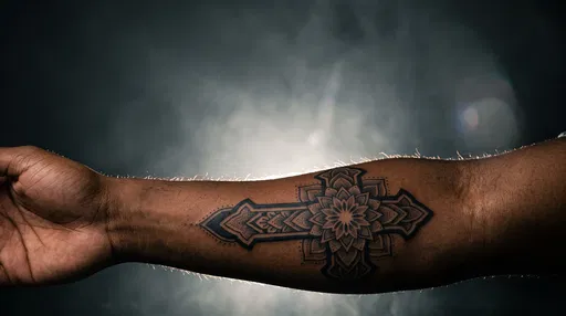 Ornamental Mandala Cross Forearm Tattoo