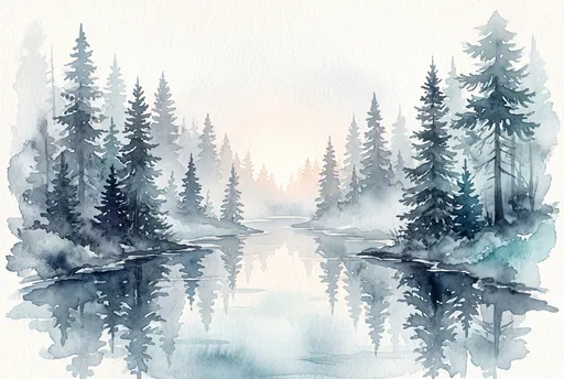 Misty Spruce Forest Watercolor Stream Reflection