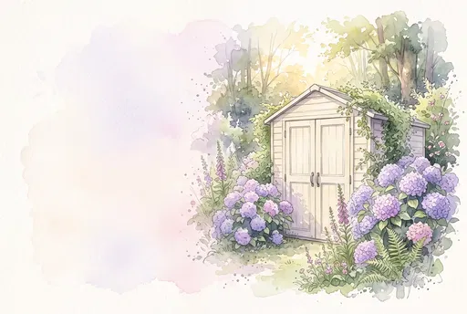 Watercolor Garden Shed With Hydrangeas