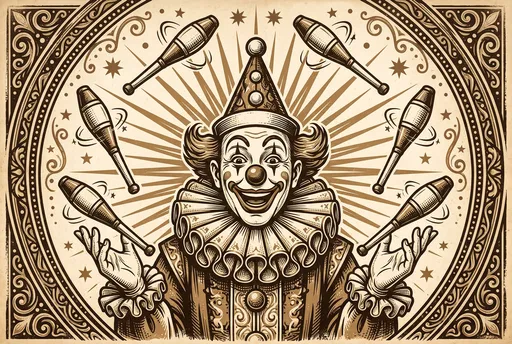Vintage Sepia Linocut Illustration of Juggling Clown