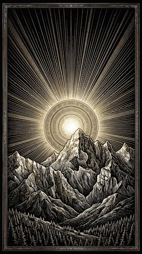 Engraved Sun Rising Over Mountain Peaks