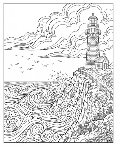 Cliffside Lighthouse Adult Coloring Page Illustration