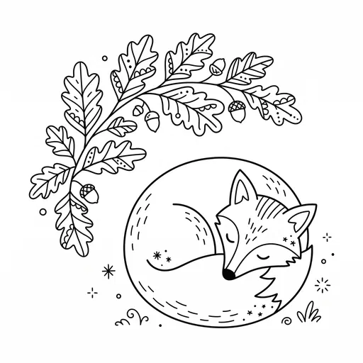 Sleeping Fox and Oak Leaves Coloring Page