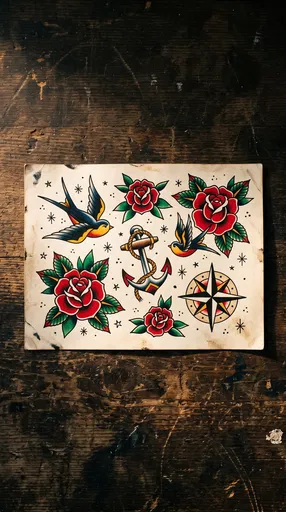 Traditional Americana Tattoo Flash Sheet on Wood