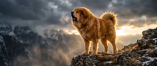 Golden Tibetan Mastiff Barking on Cliff