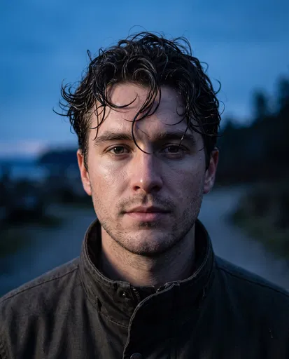 Man With Wet Wavy Hair Outdoors