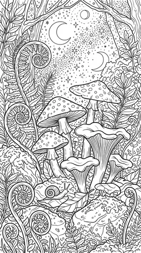 Woodland Mushrooms and Ferns Coloring Page