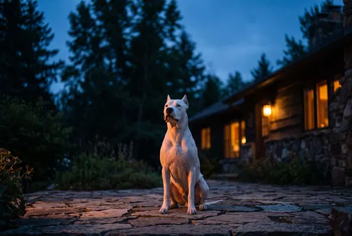 Dogo Argentino on Stone Patio at Dusk