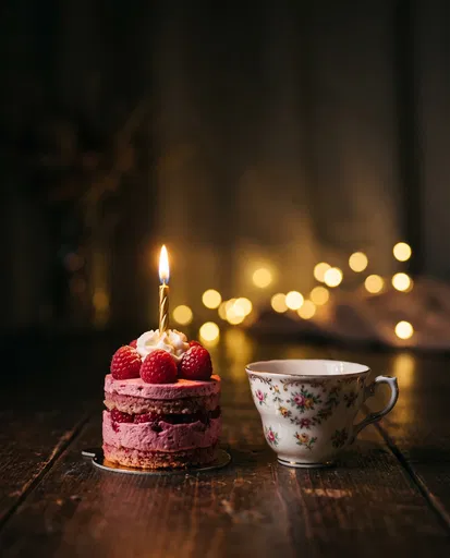 Miniature Raspberry Birthday Cake and Floral Teacup