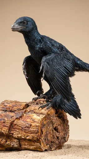 Feathered Microraptor Perched on Petrified Wood