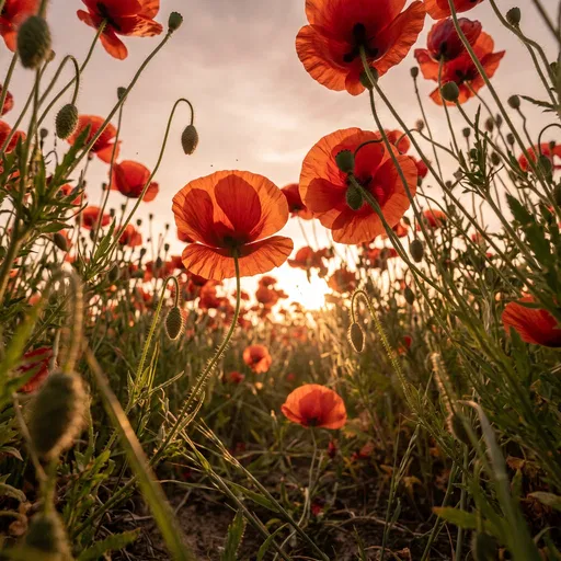 Low Angle Backlit Red Poppy Field