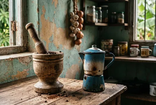 Rustic Wooden Mortar and Vintage Coffee Pot