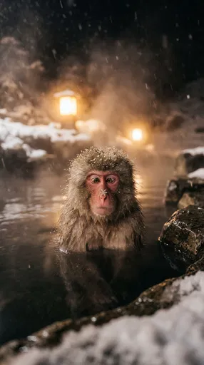 Cross-Eyed Macaque in Winter Hot Spring