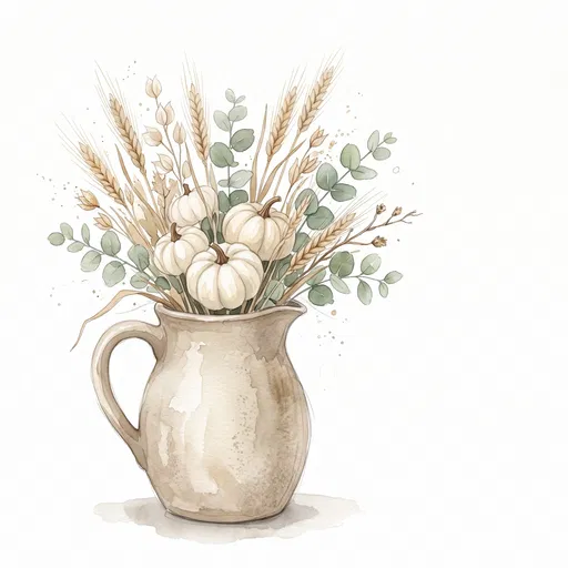 Watercolor Pitcher With Pumpkins and Wheat