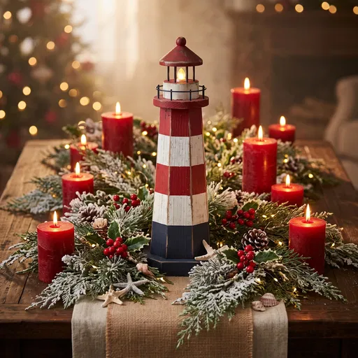 Coastal Christmas Lighthouse Tabletop Centerpiece