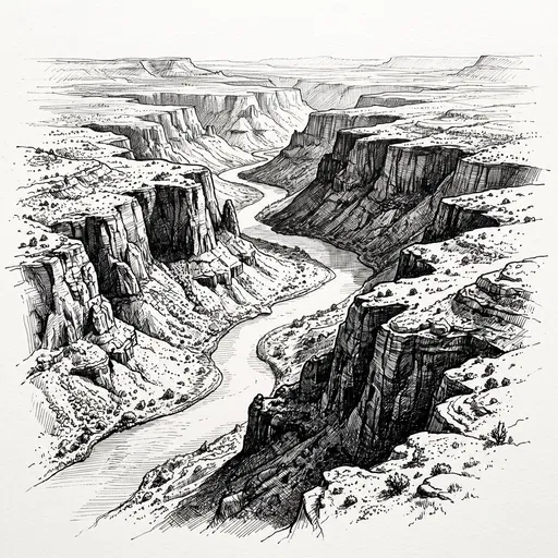 Black Ink Canyon River Landscape Drawing