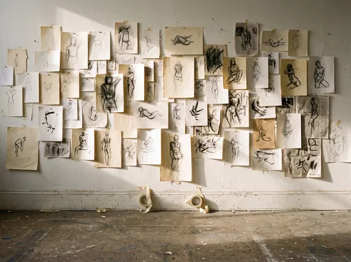 Charcoal Figure Sketches Pinned on Studio Wall