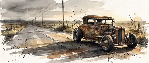 Watercolor Vintage Rat Rod on Country Highway