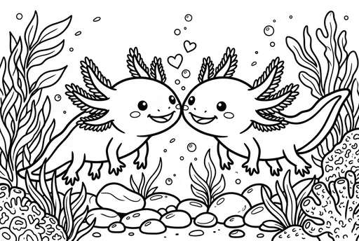 Cute Axolotls Valentine Coloring Page