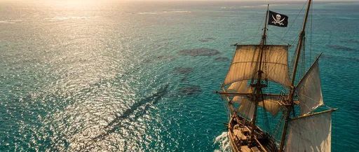 Aerial View of Pirate Ship at Sunset