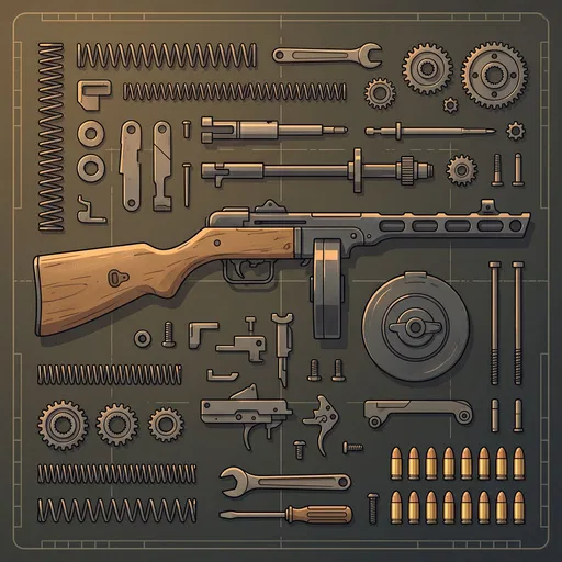 Vintage Submachine Gun Parts Flat Lay