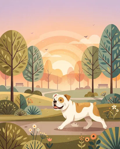 Bulldog Walking in Stylized Sunrise Park