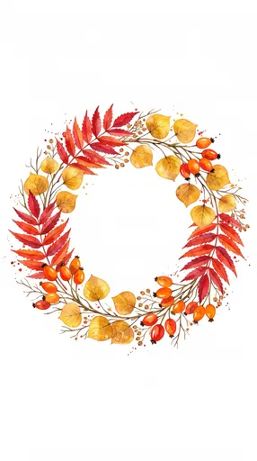 Watercolor Autumn Foliage and Berry Wreath