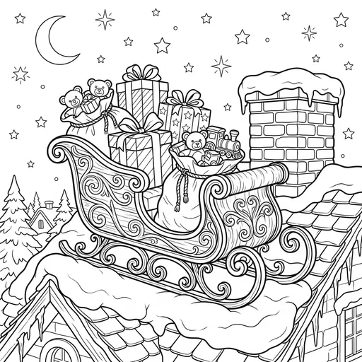 Christmas Sleigh on Rooftop Coloring Page