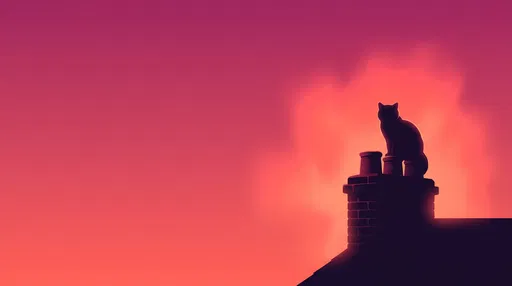 Cat Silhouette on Rooftop Chimney at Sunset