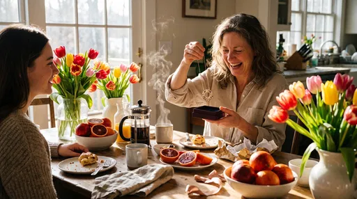 Mother Opening Necklace Gift At Breakfast