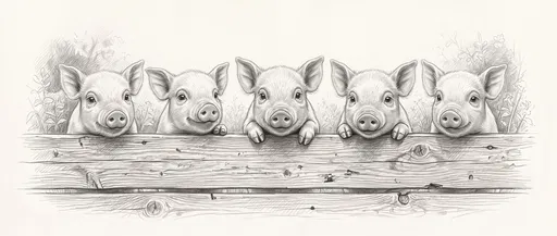 Pencil Drawing of Five Piglets Over Fence