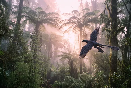 Microraptor Gliding Through Misty Prehistoric Forest